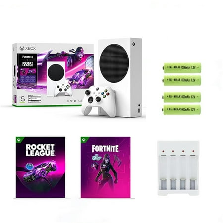 Microsoft Xbox Series S – Fortnite & Rocket League Bundle (Disc-free Gaming) - White, 512 GB Video Game Consoles, Bundled with Batteries and Charger Accessories Set