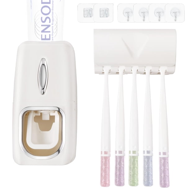 RIDGEPOLE Juego de soporte para cepillo de dientes y dispensador de pasta de dientes, dispensador automático de pasta de dientes, kit de exprimidor de pasta de dientes, accesorios de baño montados en