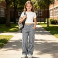 thumbnail image 4 of Tfken Child Soft Comfy Pants School Daily Wear Girls Cargo Pants With Pockets School Uniform Loose Trendy Kids Classic Clothes Size 11-12 Years Gray, 4 of 7