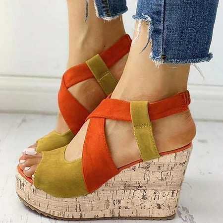 

sandals for Women Sandals For Women Ladies Fashion Solid Wedges Casual Buckle Roman Shoes Platform Sandals Flock Orange