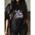 thumbnail image 2 of Camiseta de mujer, camiseta de manga corta, tops casuales, camisetas de cuello redondo con flores moradas y libros para mujer, 2 of 7