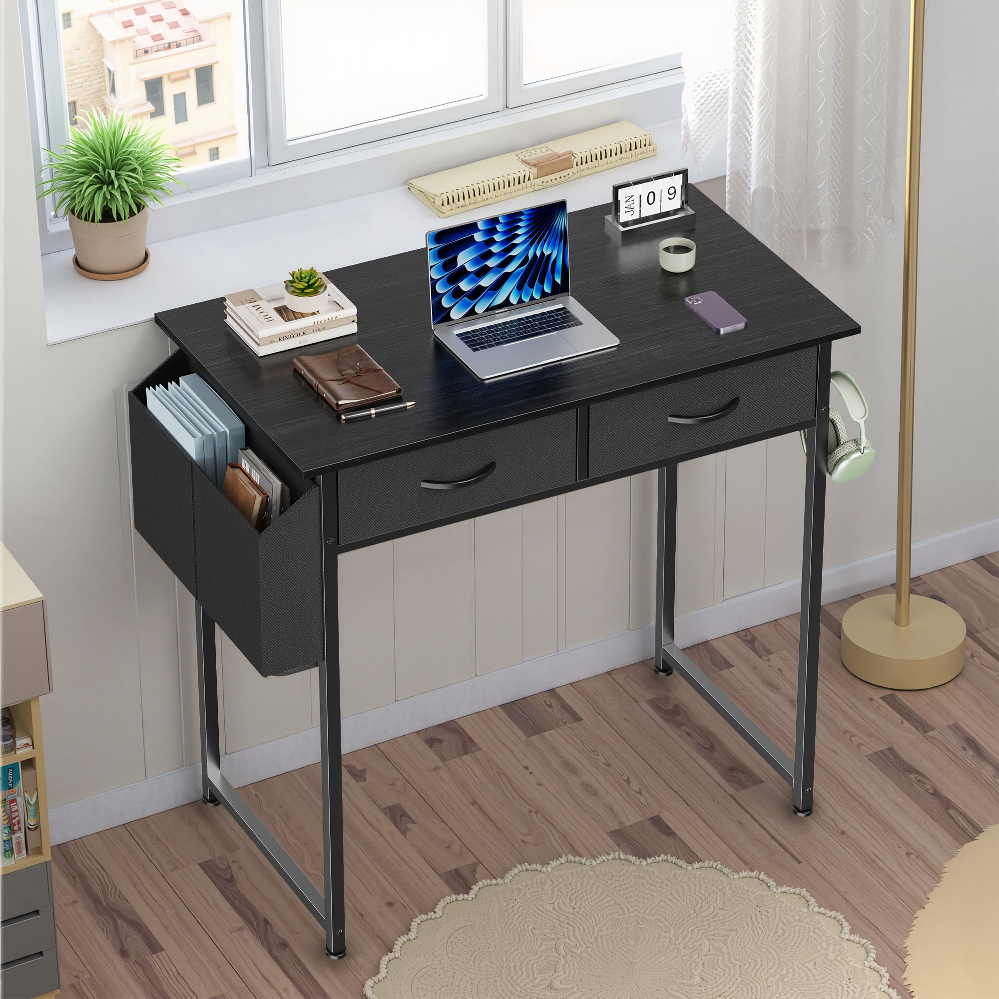 MAYEERTY 32in Adjustable Small Computer Desk, Metal Writing Study Table with Storage and Headphone Hook, Home Office