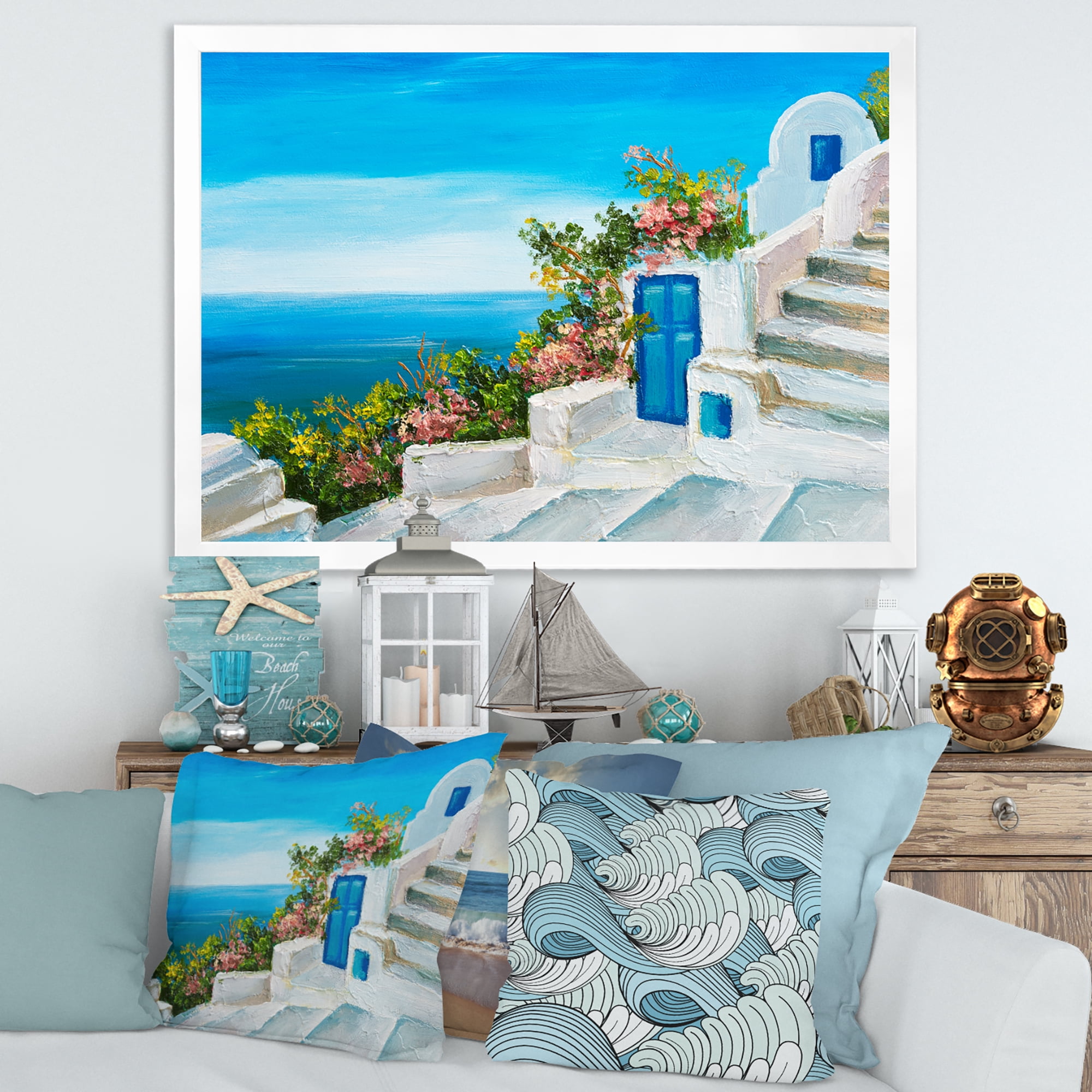 Designart 'House With Colorful Flowers Near The Sea IV' Nautical & Coastal Framed Art Print