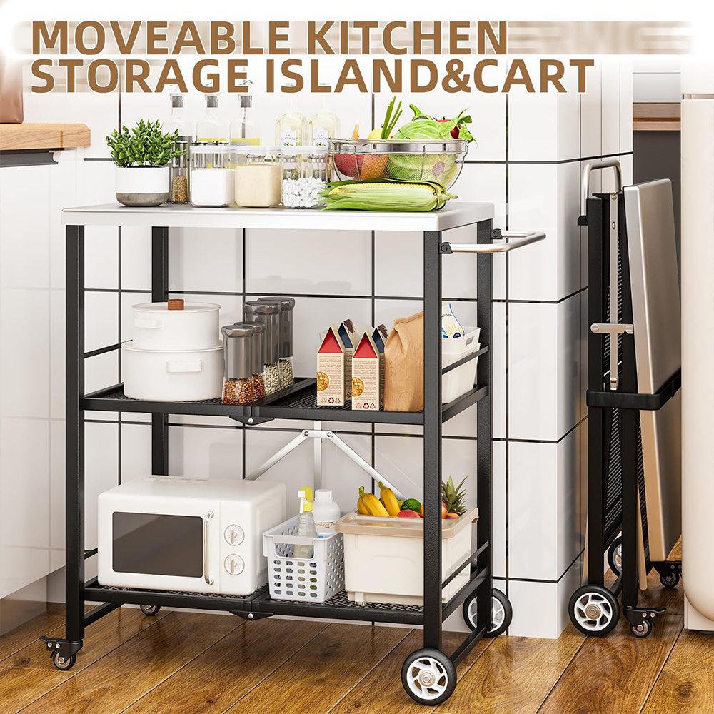 Three-layer foldable stainless steel cart with wheels, portable kitchen island suitable for apartment, studio, and backyard cooking, black