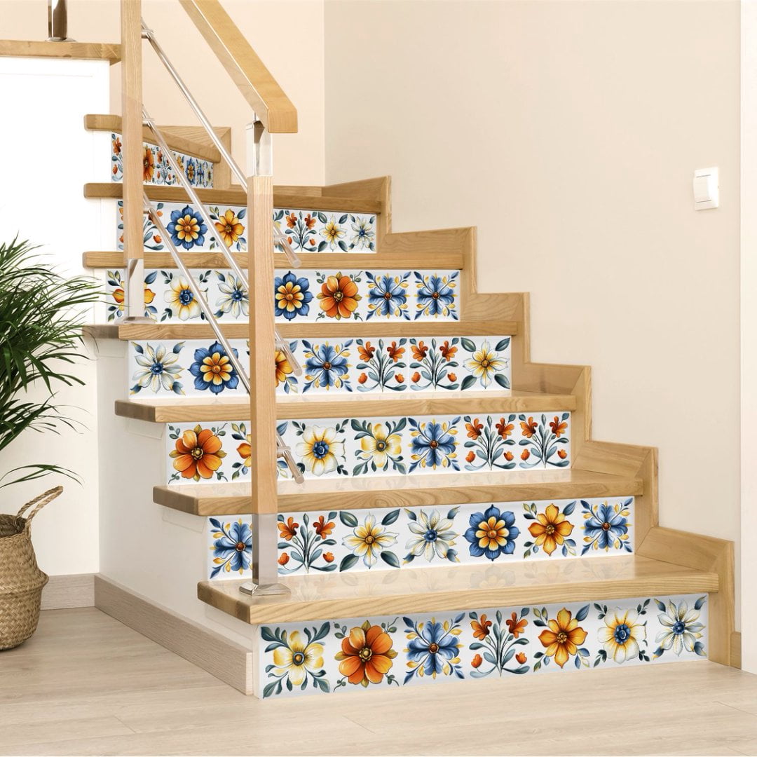 24 Pcs Self Adhesive Tiles Stickers 8 x 8inches Blue Gold Flowers Pattern Wall Decals DIY Decor Peel and Stick Waterproof Tile Kitchen Backsplash