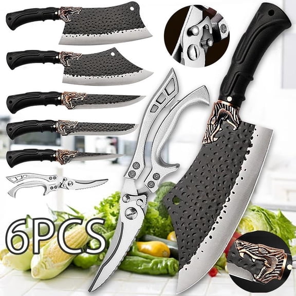 6PCS Professional Kitchen Chef Knives Set Includes Stainless Steel Handmade Forged Butcher Knife Meat Cleaver Vegetable Cleavers Utility Knife for Kitchen Food Preparation and Cutting