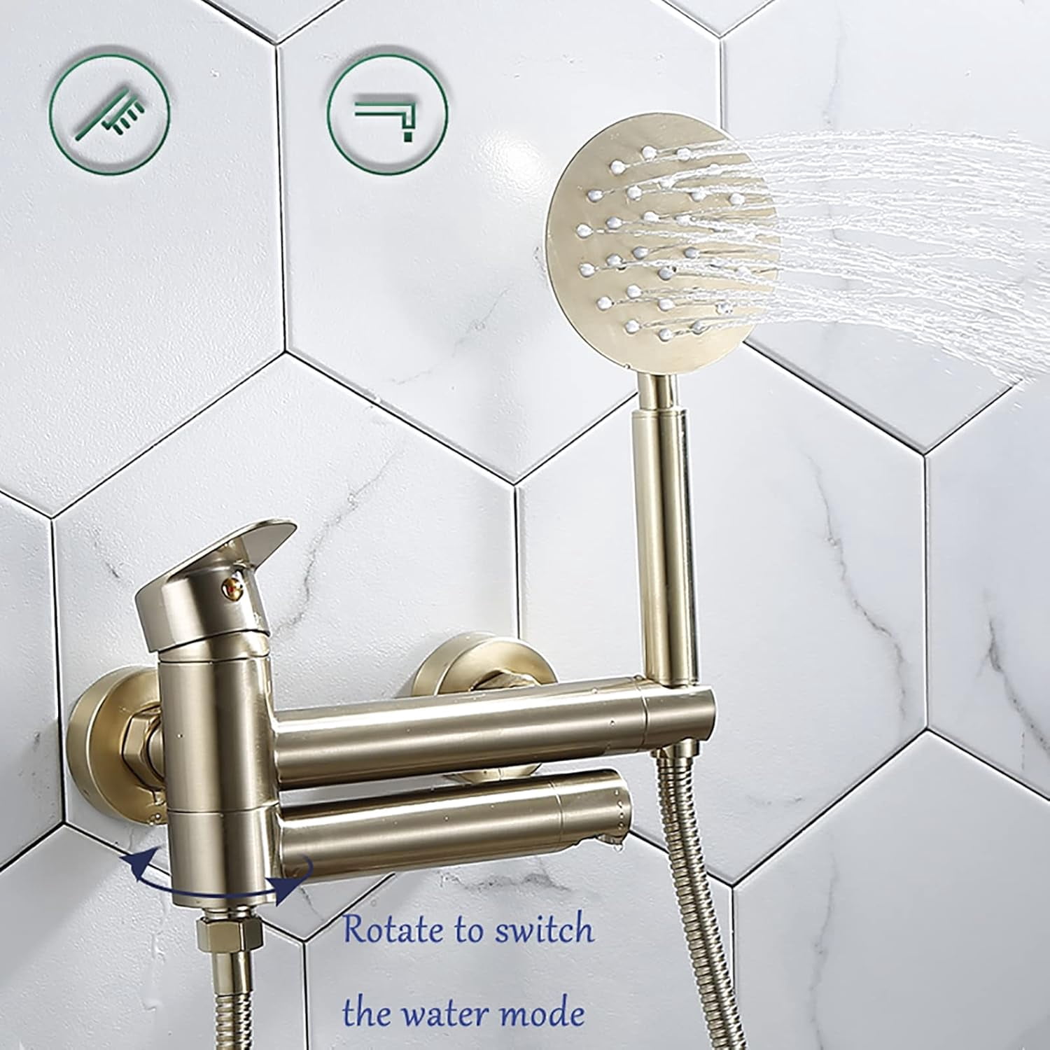 Swivel Bathtub Faucet Wall Mount Tub Filler Faucet Brass Bath Mixer Tap Single Handle 2 Holes Bathtub Tap with Handheld Shower Tub Shower Faucet, Brushed Gold
