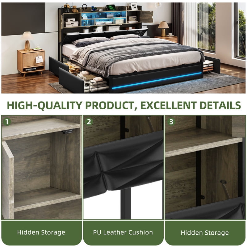 Uforic King Bed Frame with Storage Bookcase, Upholstered Bed with Charging Station and Drawers, Easy Assembly, Black