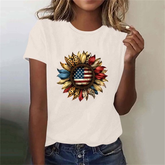 Xdegoge 4th of July Sunflower Stars and Stripes Graphic T Shirt for Women Casual Short Sleeve Crewneck Leopard Print Patriotic Summer Holiday Tops Tees