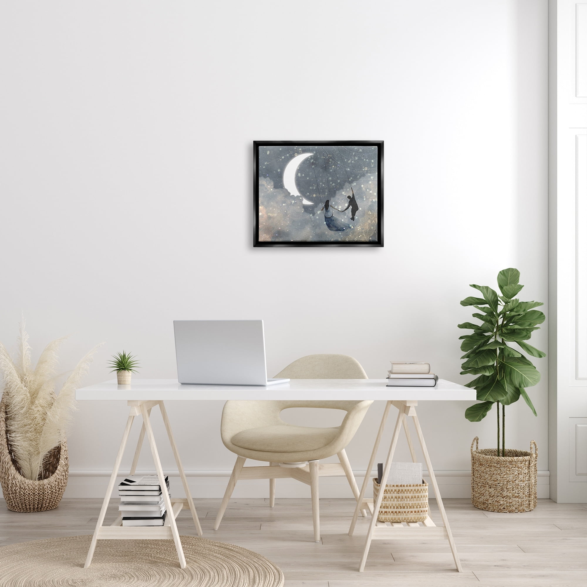 Stupell Industries Grey and Blue Celestial Love Sky Swinging by the Crescent Moon and Stars Jet Black Framed Floating Canvas Wall Art, 16x20, by Victoria Borges