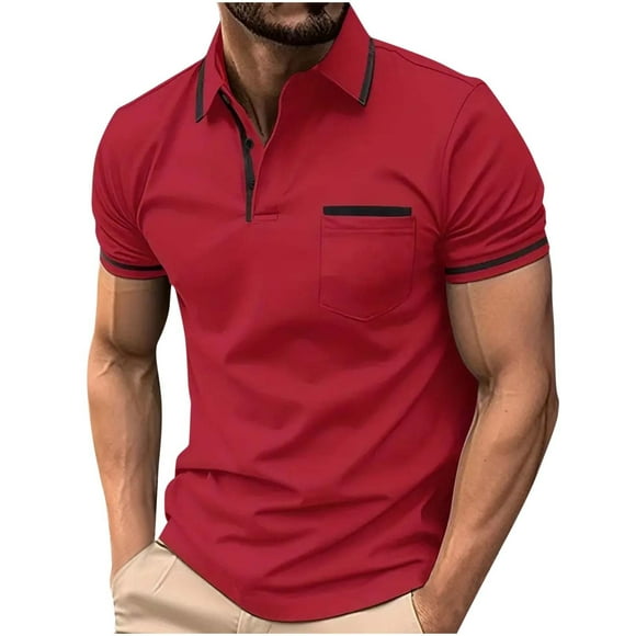hoksml Mens Polo Shirts Short Sleeve Leisure Solid Color Collared Golf T-shirt Versatile Pocket Button Lapel Colour Blocking Top Elastic Cuffs 2025 on Clearance