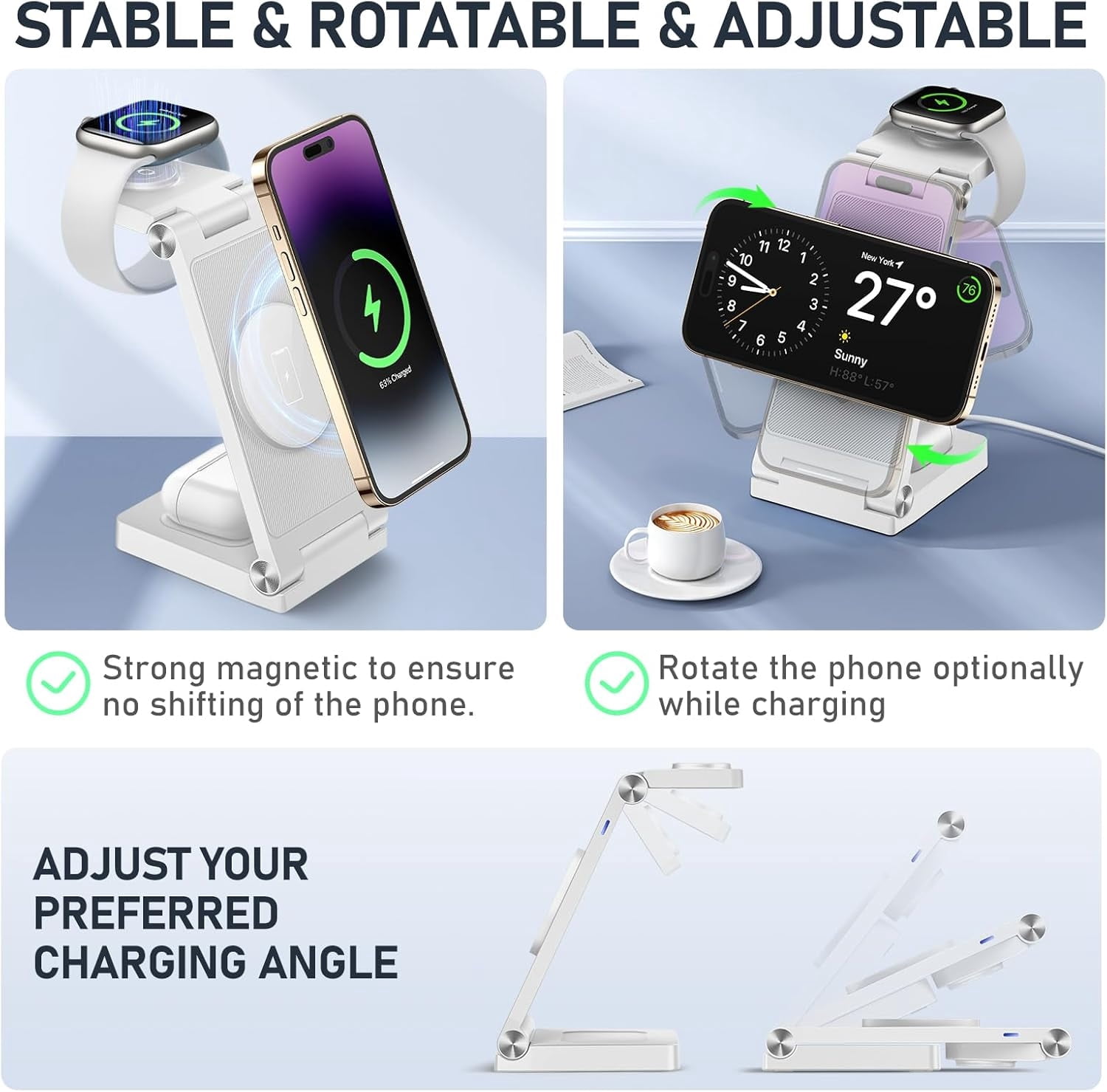 Magnetic Wireless Charger Stand, 3 in 1 Foldable Wireless Charging Station, Travel Charger for Multiple Devices for iPhone 16 15 14 13 12 Series, Apple Watch Ultra/9/8/7/6/5/4/3/2, AirPods,White
