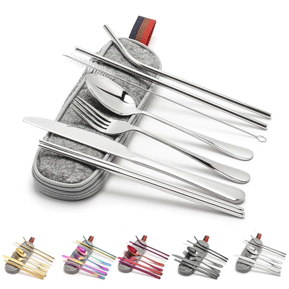 Luxtrada 1 Set Stainless Steel Tableware Set Portable Straw Chopsticks Spoon Fork Set with Storage Bag Dinnerware Set (Silver)