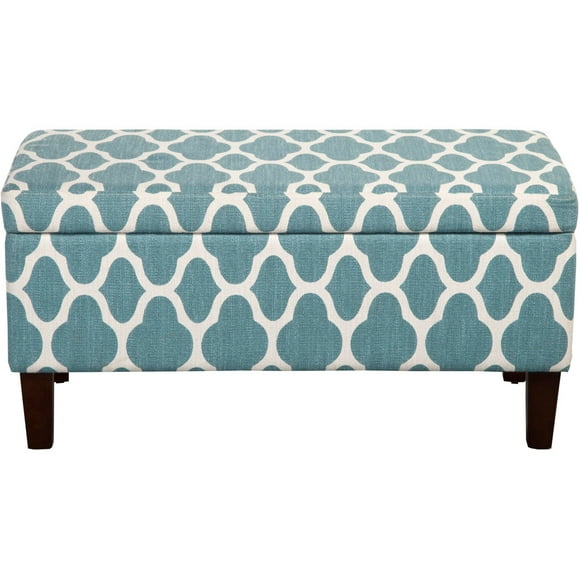 HomePop Large Upholstered Rectangular Storage Ottoman Bench with Hinged Lid, Teal Blue Geometric