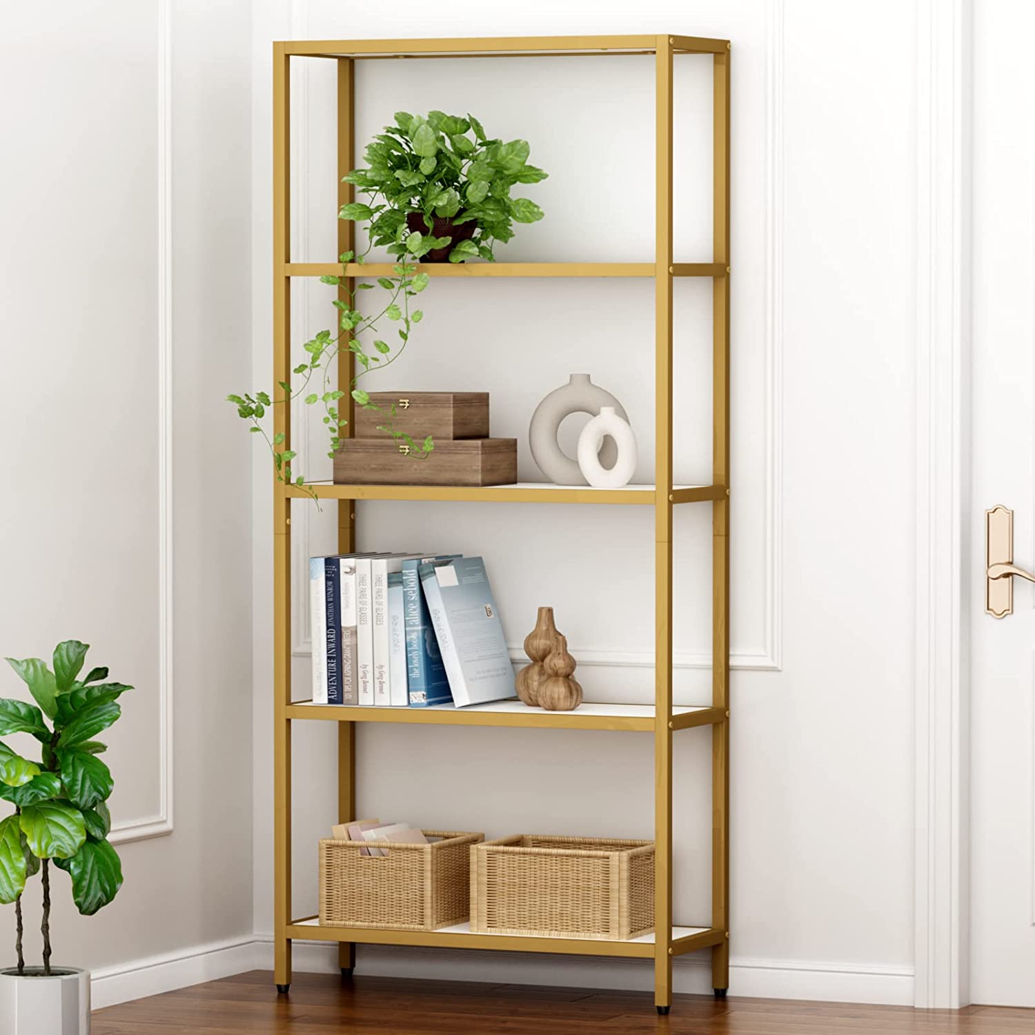 Gyfimoie Modern Bookcase,5Tier Gold Etagere Bookshelf,70.8 Inches Tall