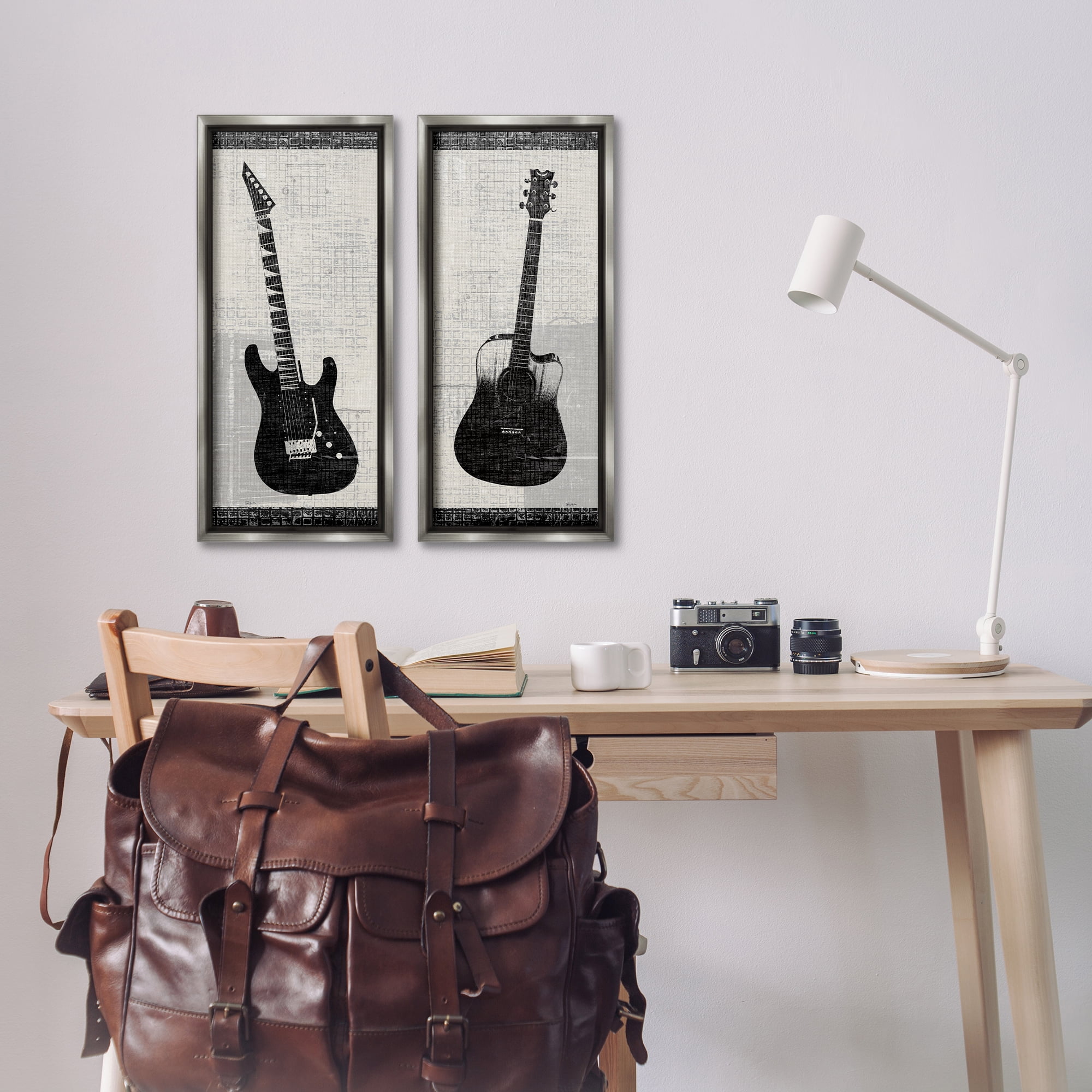 Stupell Industries Electric Acoustic Guitar Entertainment Painting Gray Floater Framed Canvas Art Print Wall Art, 11 x 25, Set of 2