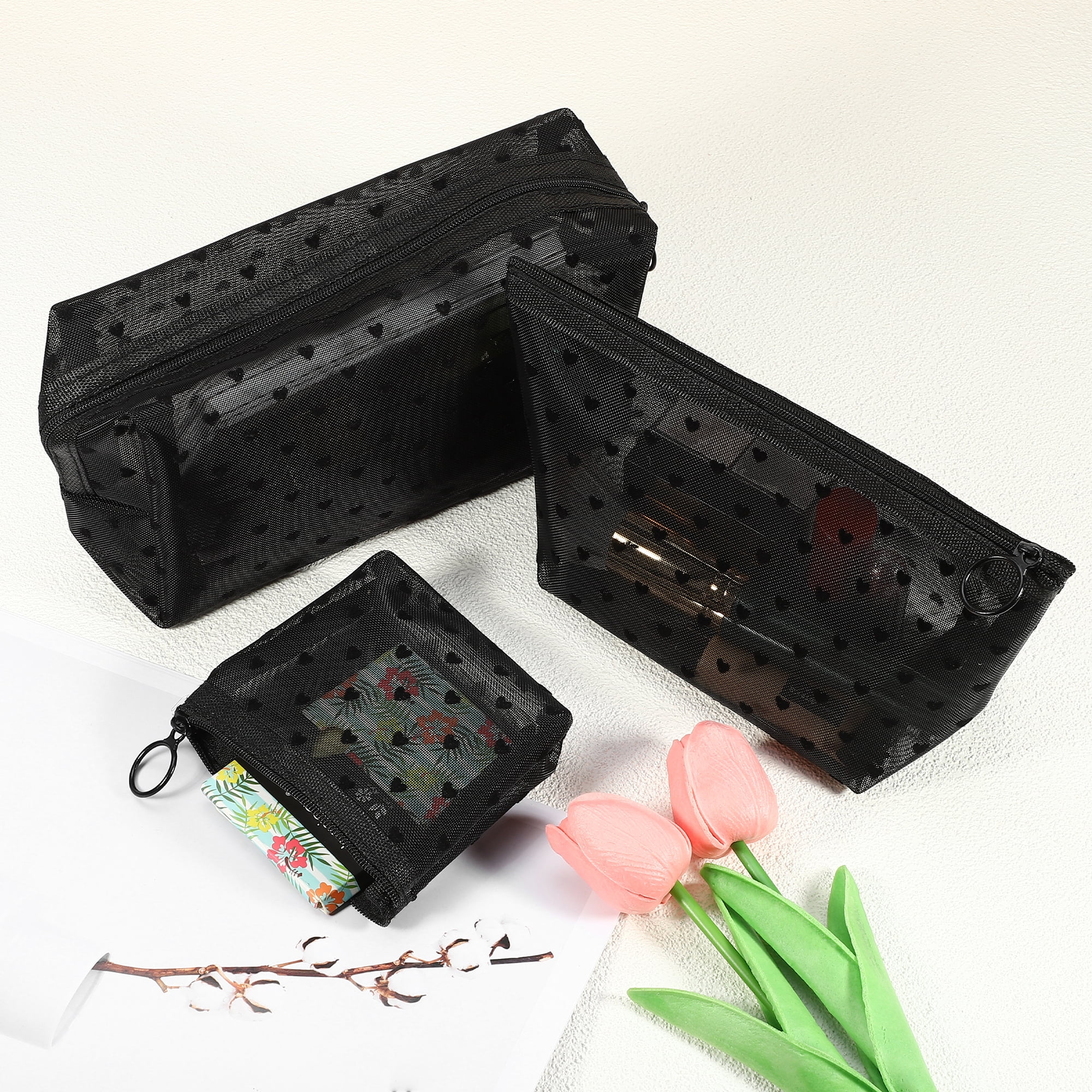 Unique Bargains 3pcs Heart Shape Print Mesh Makeup Bag Clear Makeup Pouch w Zipper Black