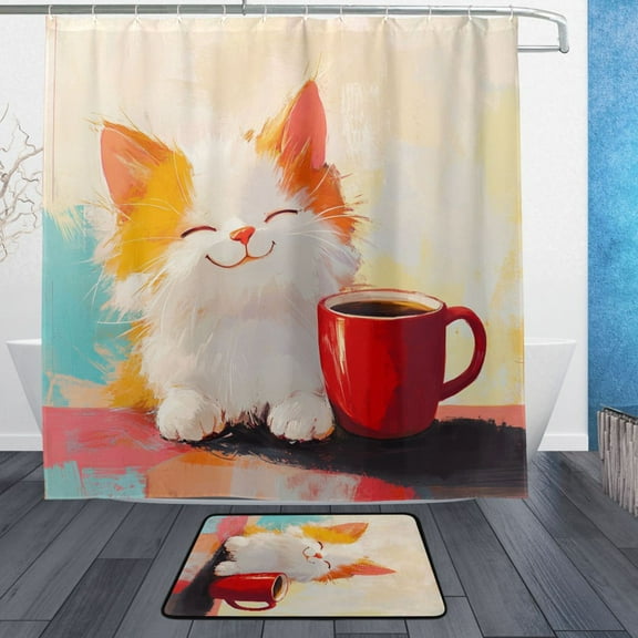 BZSMCE Shower Curtain and Bath Accessory Set,Joyful Kitty with A Mug Pattern