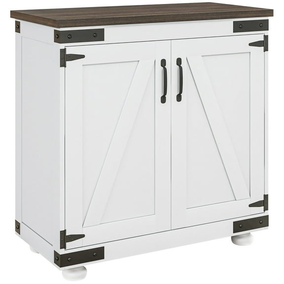 Modern Farmhouse Sideboard & Buffet White & Brown, Barn Door, Adjustable Shelves, Kitchen Storage Cabinet with Wood Legs