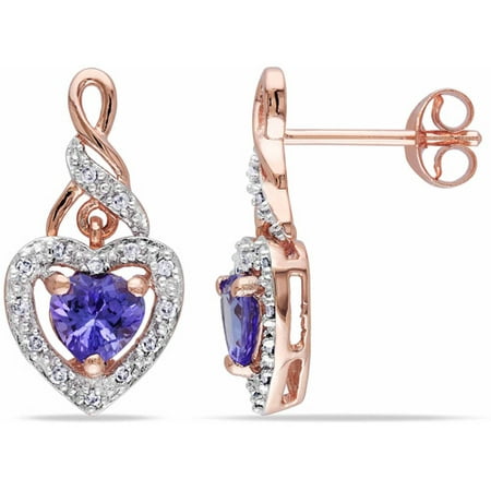 4/5 Carat T.G.W. Tanzanite and 1/8 Carat T.W. Diamond Pink Rhodium-Plated Sterling Silver Heart Earrings
