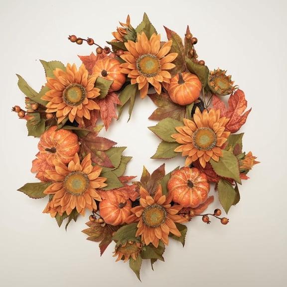 20-Inch Autumn Wreath with Sunflowers, Pumpkins, and Maple Leaves, Seasonal Decorative Wreath for Front Door, Wall, or Fireplace, Ideal for Fall, Thanksgiving, and Harvest Decor