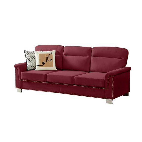 Modern Snowfleece Velvet Three Seat Sofa Couch with Nailhead Trim, High Back Support, Thick Foam Spring Cushions, Wood Metal Frame, 700LB Capacity, for Living Room Bedroom Office Lounge (Burgundy)