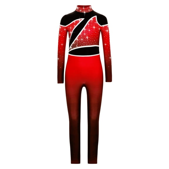 Nyeemya Kids Girls Gymnastics Full Body Jumpsuit Gradient Color Block Long Sleeve Figure Skating Bodysuit Red 6