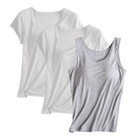 JGGSPWM Women s Tank Top with Built-in Padded Bra Modal Stretch Camisole Yoga Undershirt Cami Tops 3 PCS Pink XL