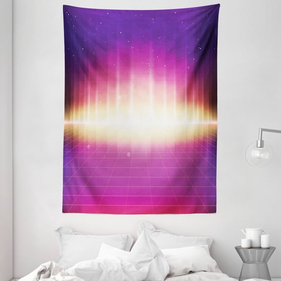 Rave Tapestry, 80s Retro Sci-Fi Background Retro Futuristic Synth Sound Wave Lines Checkered Squares, Wall Hanging for Bedroom Living Room Dorm Decor, 60"W X 80"L, Multicolor, by Ambesonne