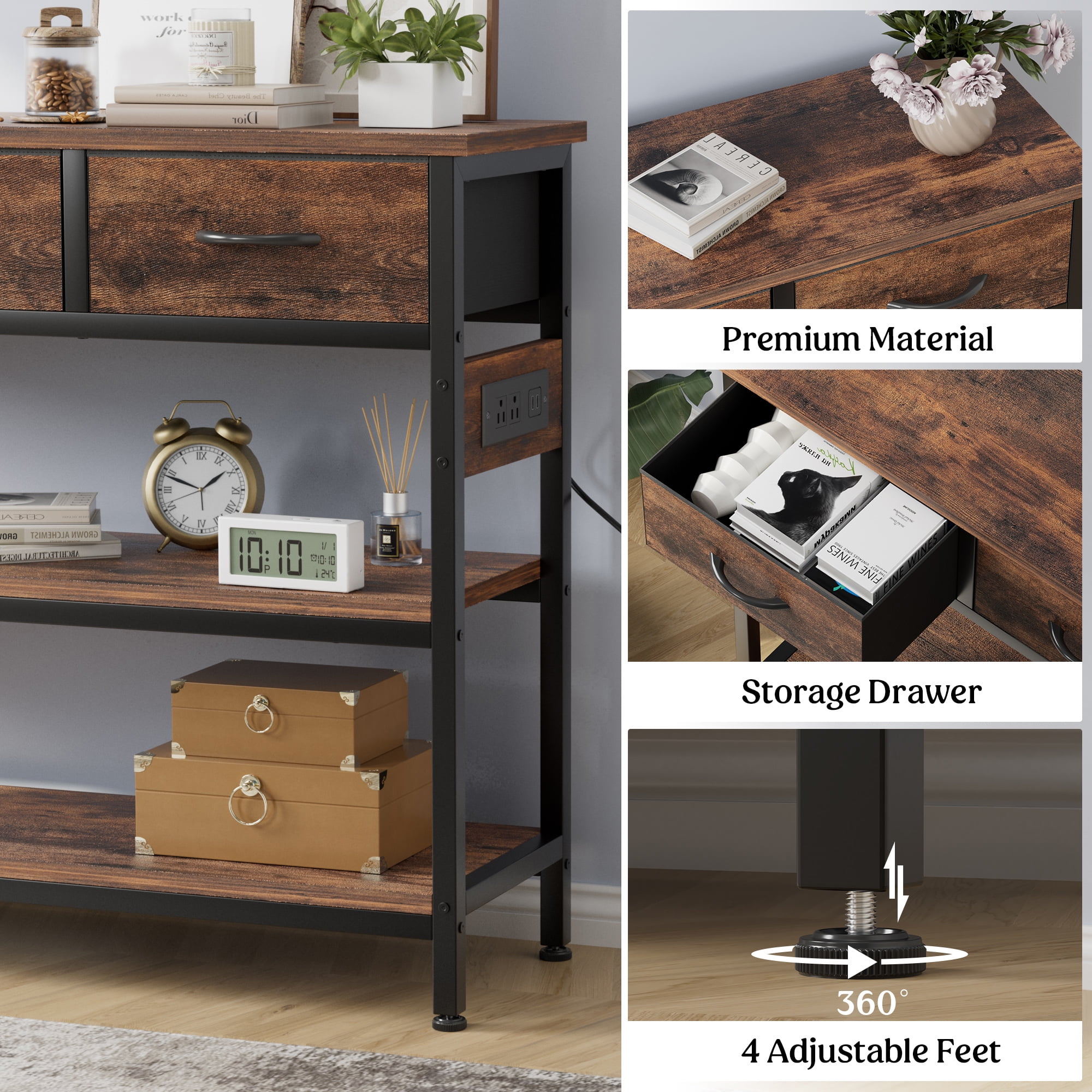 Aufeile 43" Narrow Console Table, Entryway Table with 3 Drawers and Outlets, Fabirc Sofa Table with Open Shelves for Couch, Hallway, Foyer, Living Room, Brown