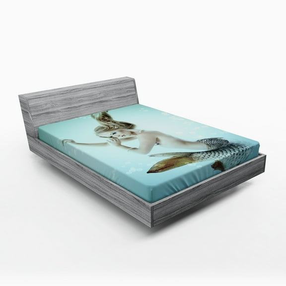 Ambesonne Aqua Blue Fitted Sheet, Mythologic Mermaid, Full Size, Seafoam Beige and Brown
