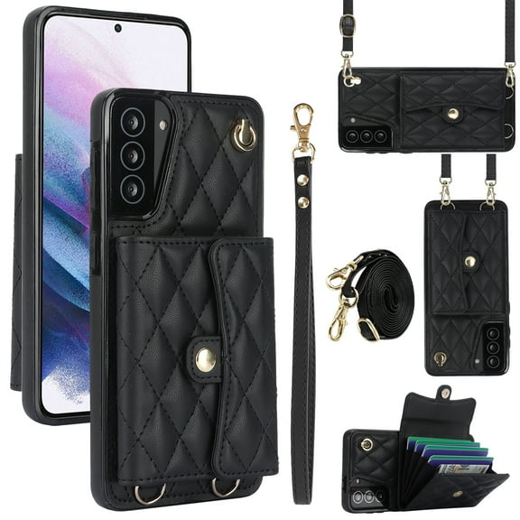 Case for Samsung Galaxy S21, Crossbody Wristlet Case Wallet with RFID Blocking Card Slots KickStand Flip Folio PU Leather Magnetic Protective Cover Women for Samsung Galaxy S21, Black