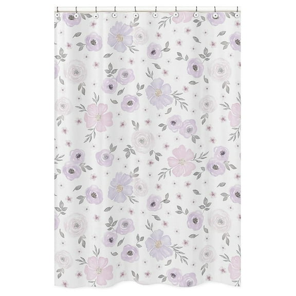 Lavender , Pink, Grey and White Bathroom Fabric Bath Shower Curtain for Watercolor Floral Collection - Rose Flower
