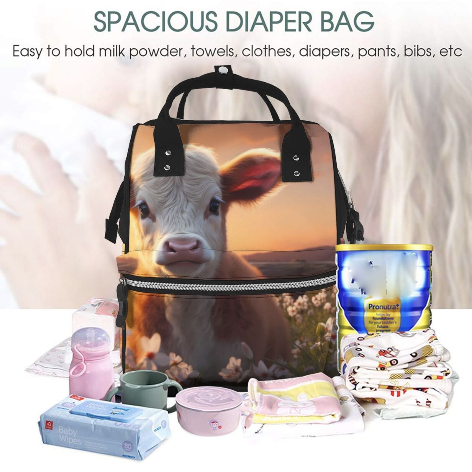 Fuzoiu Sunset Calf Flower Field Print Diaper Bag Backpack,Baby Essentials Travel Tote,Multi function Waterproof Diaper Bag, Travel Essentials Baby Bag - Unisex