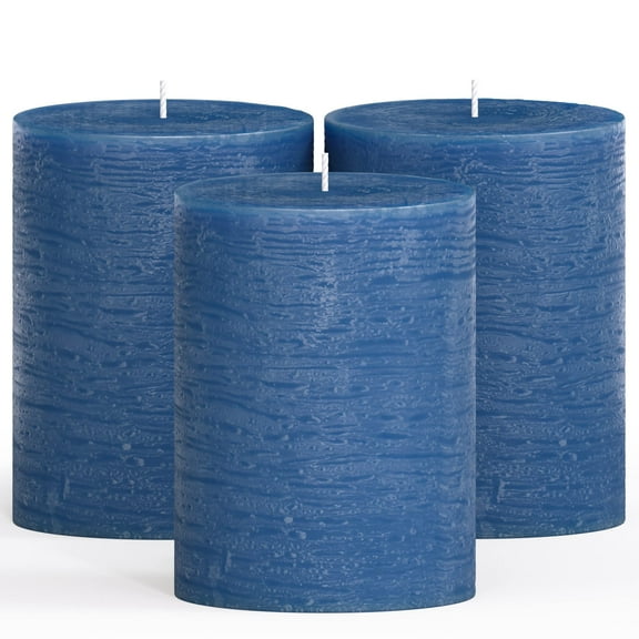CANDWAX 3x4 Pillar Candles Set of 3 - Decorative Rustic Candles Unscented and No Drip Candles - Ideal as Wedding Candles or Large Candles for Home Interior - Dark Blue Candles