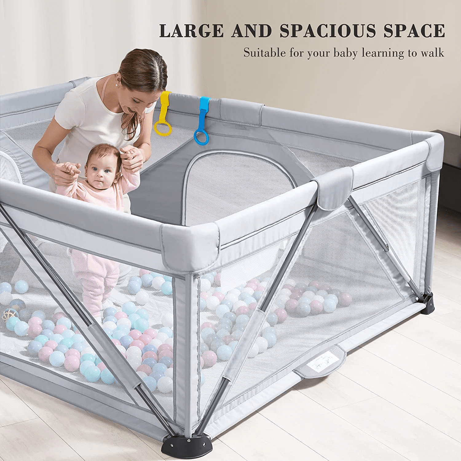 Yobear Baby Playpen, Foldable Playpen for Babies and Toddlers, Indoor & Outdoor Baby Activity Center with Visible Breathable Mesh, Portable Play Yard with 2 Handlers+50 Balls-50”×50”(Grey)