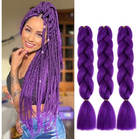 Purple Braiding Hair 24inch 100G 3 count, Hair for Braids High Temperature Synthetic Fiber Braiding Hair Extensions Twist Braiding Crochet Hair Color Purple