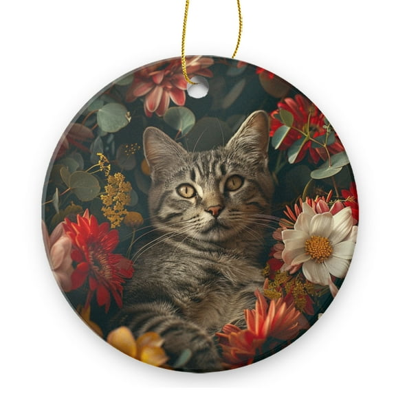 Gray Tabby Cat Surrounded By Colorful Flowers - Christmas Ornament Xmas Keepsake Ceramic Ornaments Holiday Decorations for Tree Christmas Gift Ideas 2.95in