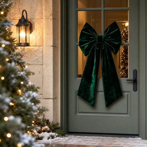 Large Velvet Christmas Bow, 17.72 x 33.46 inch Extra Long Wreath Bow with Long Streamers, Oversized Holiday Tree Decoration for Front Door and Party, Green