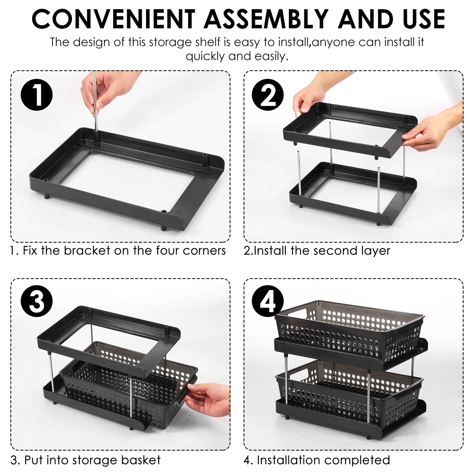 Dznils 2-Tier Under Sink Organizer and Storage, Pull Out Stackable Bathroom Cabinet Organizers Black