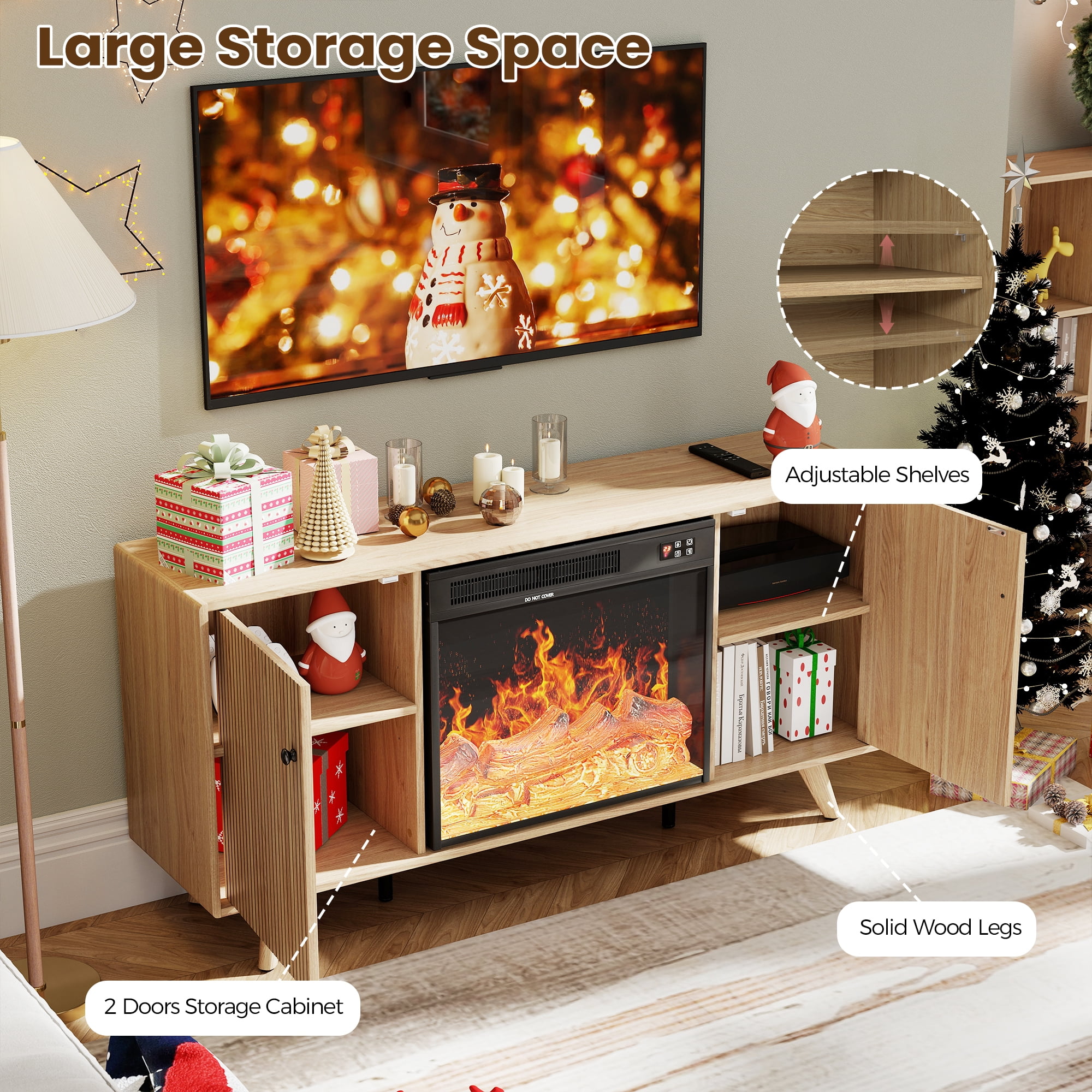 Manxile Modern Fireplace TV Stand for TVs Up to 70", Fluted Media Console Cabinet Entertainment Center for Living Room