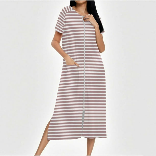 Camisón largo con cremallera para mujer, bata de punto, largo completo, color degradado, con bolsillos