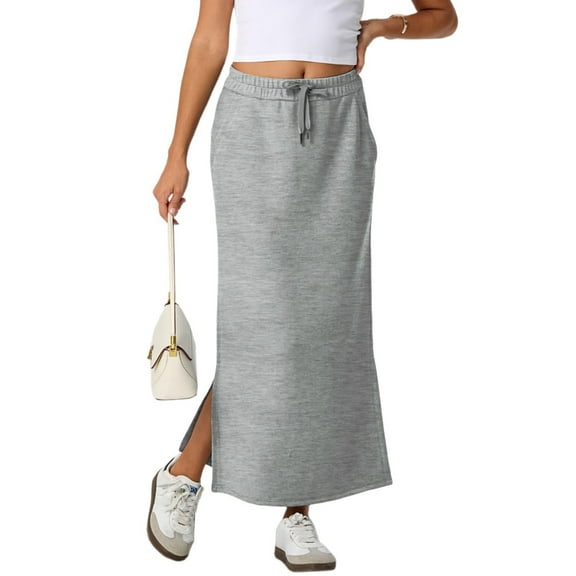 Nestiefly Casual Maxi Skirts for Womens High Waist Trendy Drawstring Side Slit Skirts with Pockets
