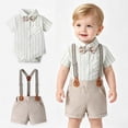 thumbnail image 2 of Baby Boy Outfits Striped Print Lapel Short Sleeve Romper And Shorts Suspenders 3 Piece Everyday Wear Boys' Clothing Sets Size 9-12 Months, 2 of 7
