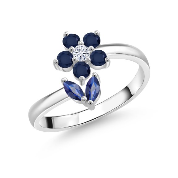 Gem Stone King 925 Sterling Silver Blue Sapphire and White Moissanite Flower Open Ring for Women (0.56 Cttw, Gemstone September Birthstone, Size 5)