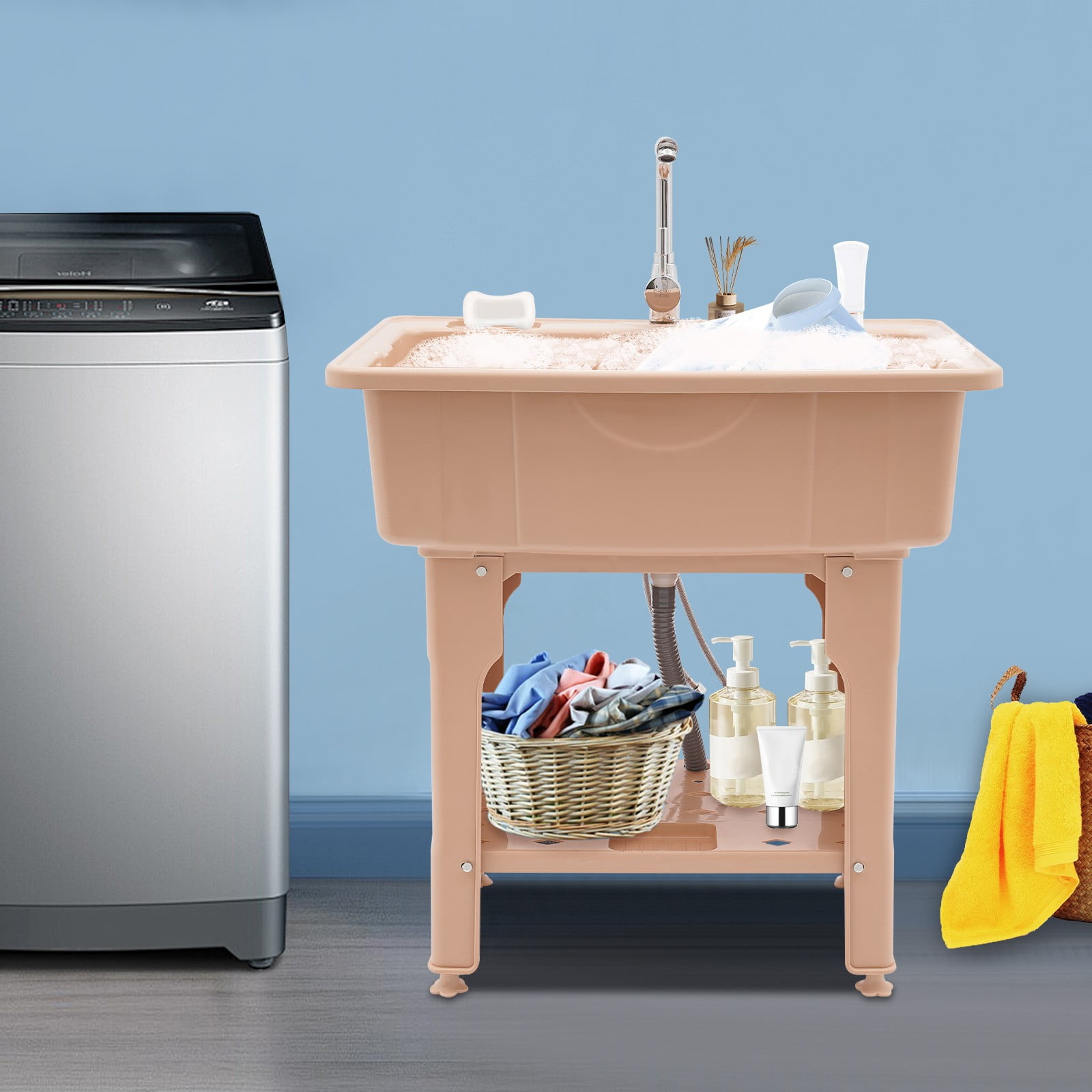 ToppiJoy 31.5" Plastic Laundry Sink, Freestanding Utility Sink Laundry Tub with Washboard Cold and Hot Water Faucet,  for Laundry Room, Garden