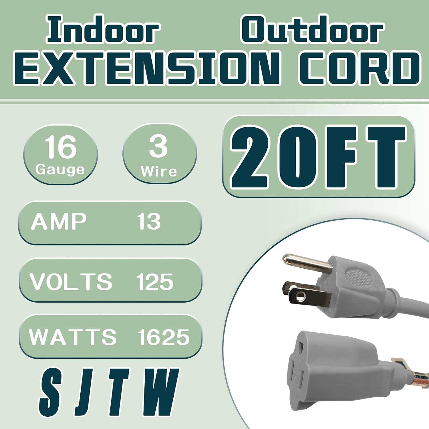 JJEAN-Indoor Outdoor Extension Cord 20 FT, 16/3 SJTW Weatherproof Grey Electrical Cords, 13 AMP Heavy Duty 3 Prong Power Cable Great for Garden, Landscaping & Holiday Decorations