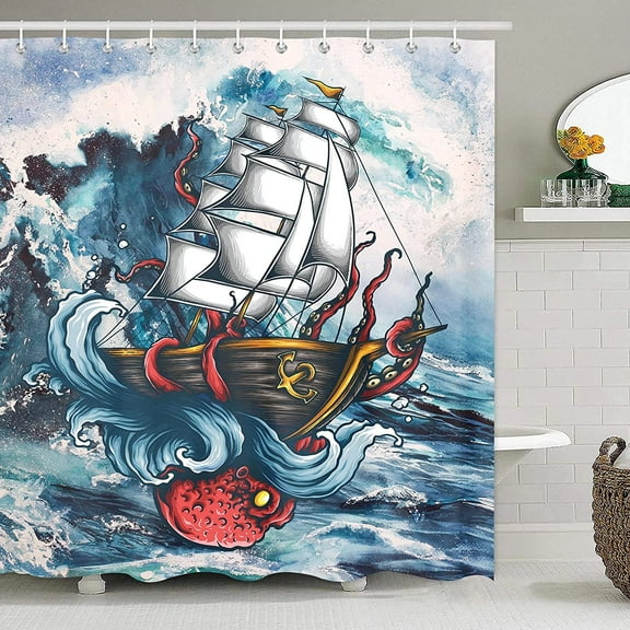 Nautical Octopus Shower Curtain Ocean Animal Sailboat Ship Sea Wave Bathroom Window Decor Set with Hooks Waterproof Polyester Fabric Machine Washable 72x72 inch