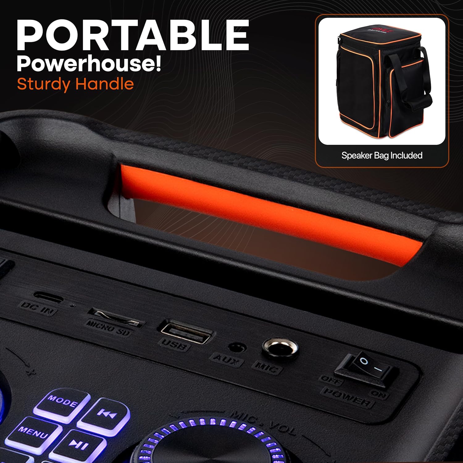 Pyle Portable Bluetooth Party Speaker, 8" Woofer, TWS, 100W, Rechargeable, Mic Input, Echo, Bass/Treble Control, USB/SD/BT/FM, LED Lights, Indoor/Outdoor