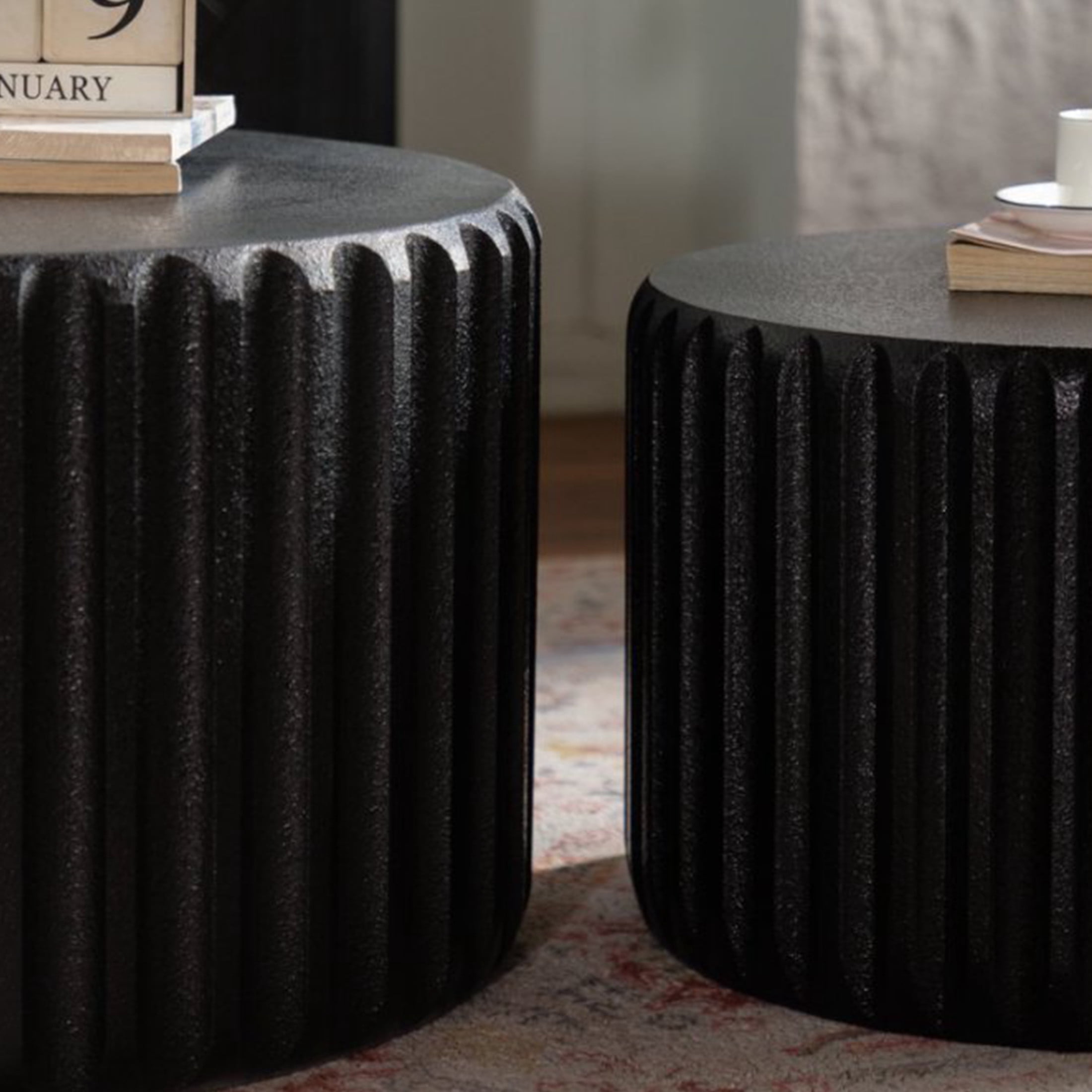 Noble House Elul Scalloped Round Coffee Table Set, 2-Piece Nesting Design with Elegant Curved-Edge Shape, Black